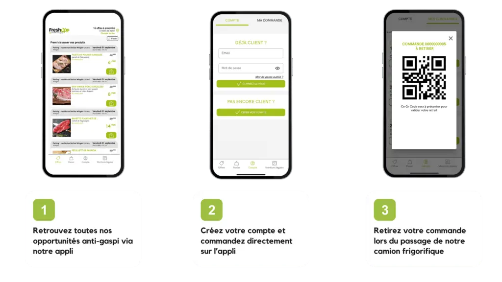 Interface de l'application anti gaspillage Freshopp, sélection de produits, création de compte client et QR code de retrait de commande