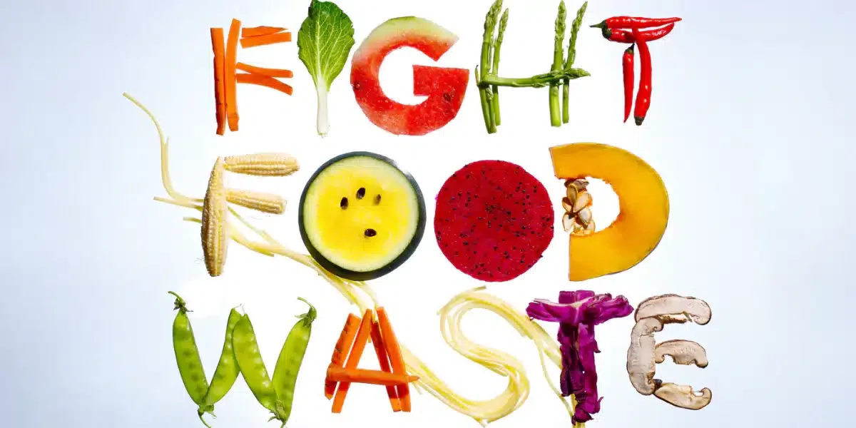 Fight food waste (lutter contre le gaspillage alimentaire) écrit avec fruits, légumes, champignons et pâtes